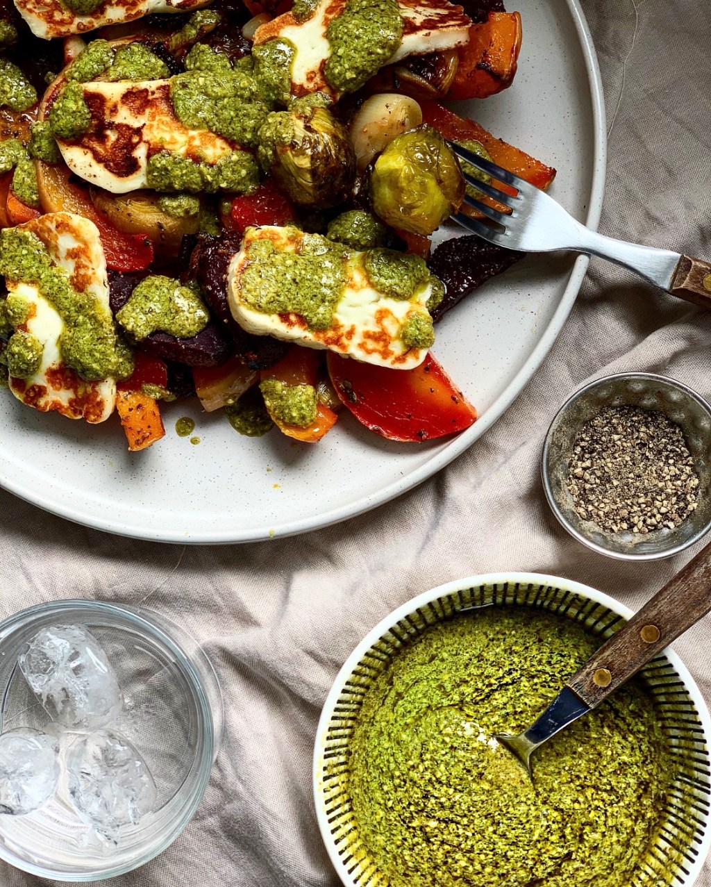 FRIDGE RAID TRAY BAKE WITH HALLOUMI &&nbsp;PESTO