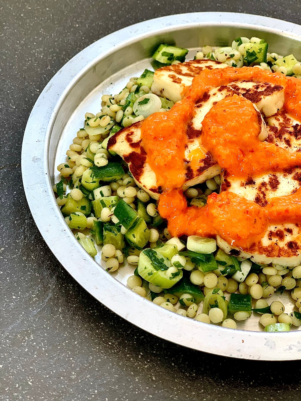 HALLOUMI WITH PEARL COUSCOUS & RED PEPPER&nbsp;SAUCE