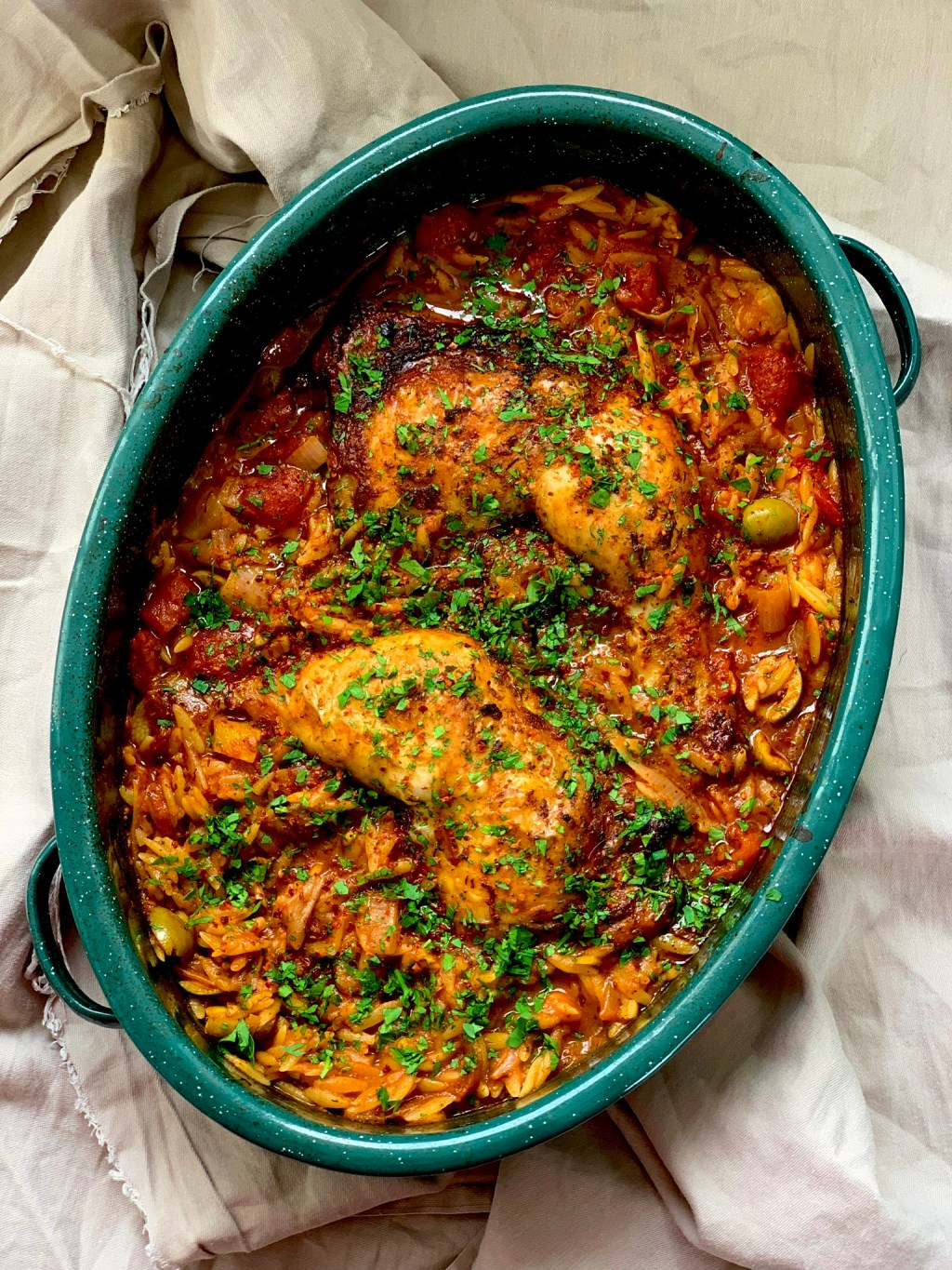 PICKLED LEMON, OLIVE & TOMATO CHICKEN BAKE WITH&nbsp;ORZO