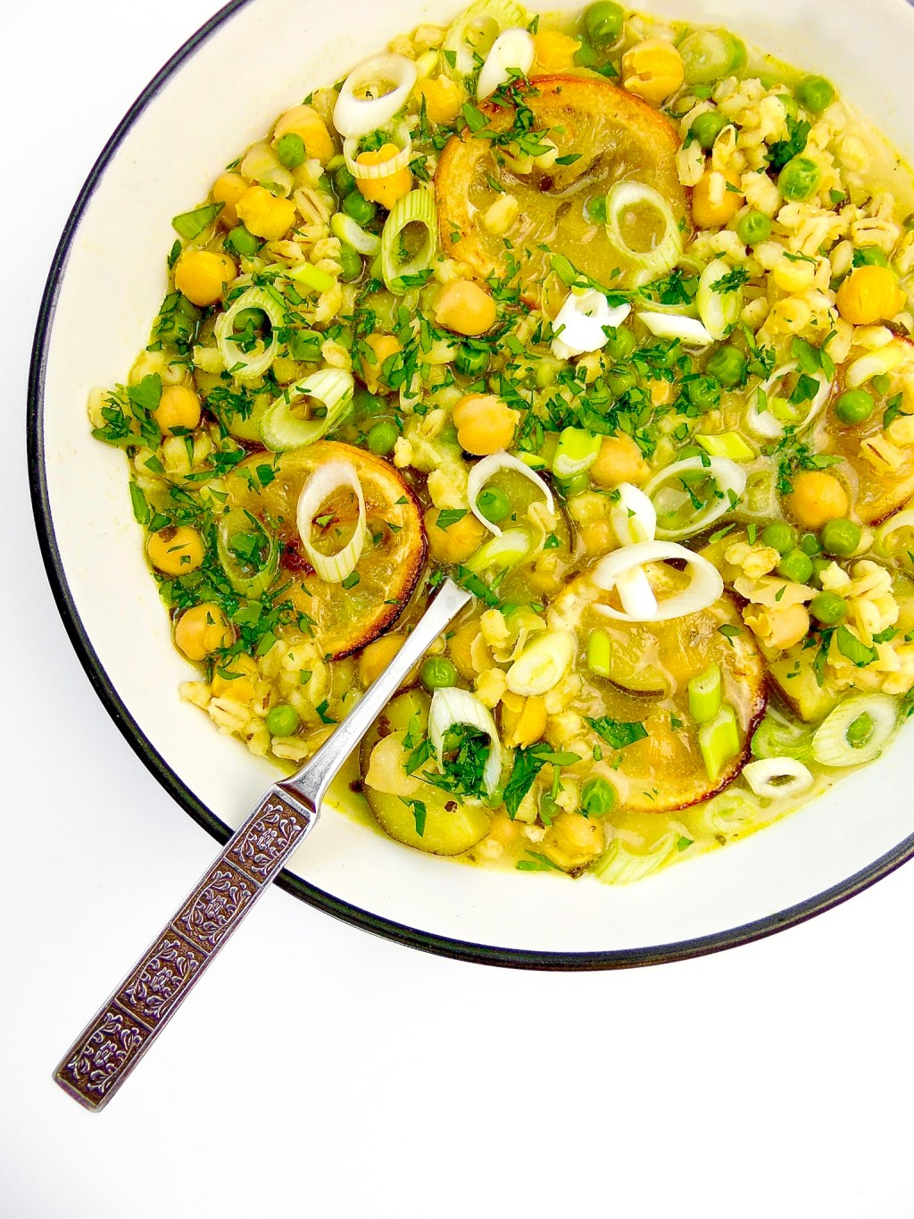 BARLEY, COURGETTE & CHICKPEA STEW WITH ROASTED&nbsp;LEMONS