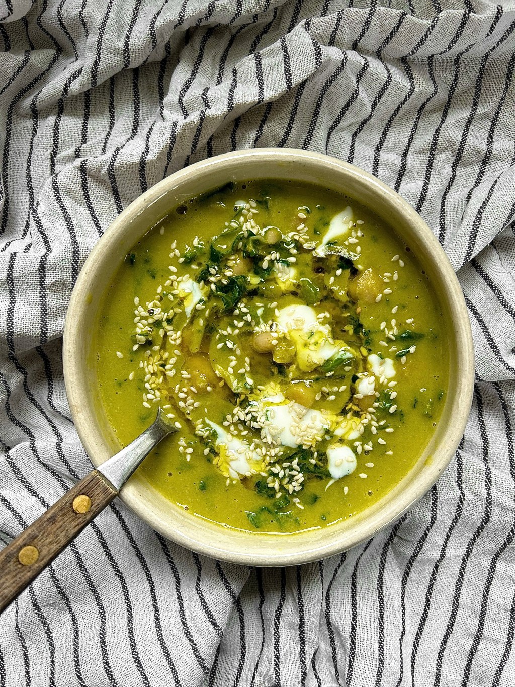 PEA, COURGETTE & CHICKPEA SOUP WITH YOGURT & SESAME&nbsp;SEEDS