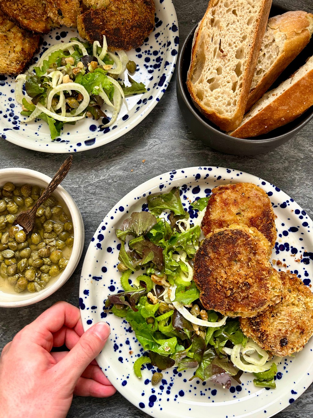 SALMON & CRAB CAKES WITH FENNEL, CAPER & WALNUT&nbsp;SALAD